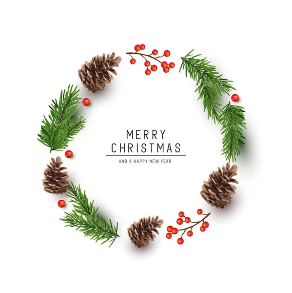 Kulatý Vánoční Rám Jedlovými Větvemi Borovými Šiškami Červenými Bobulemi Plochá — Stockový vektor