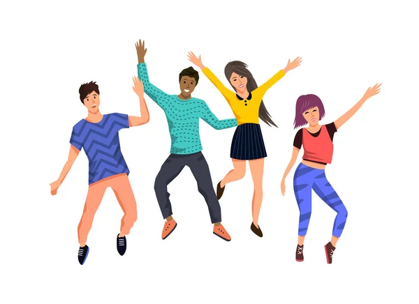 喜びのためにジャンプ幸せなアクティブな若者のグループ 分離ベクトル キャラ イラスト — ストックベクタ