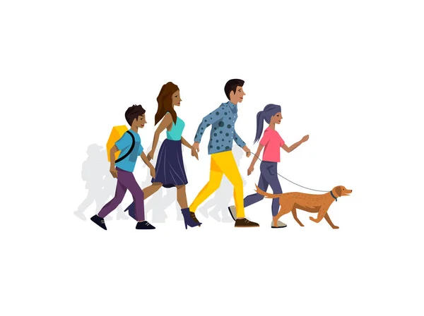 Miembros Familia Paseando Perro Parque Pasando Tiempo Juntos Ilustración Vectorial — Vector de stock