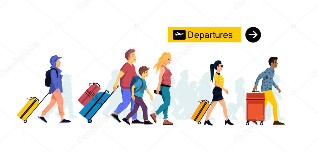 groups of people friends and family members travelling through an airport terminal with suitcases and hand luggage for leisure and business. Vector illustration