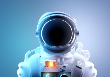 Gelecekteki uzay araştırmaları. Fütüristik ve koruyucu uzay giysisi içinde yetişkin bir astronot portresi. 3D çizim.