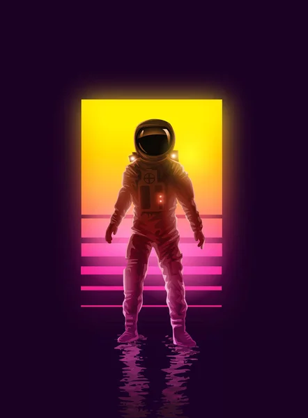 Astronauta Astronauta Iluminado Por Luces Neón Ilustración Vectorial Exploración Espacial — Vector de stock