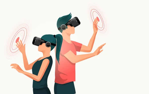 Dois jovens usando fones de ouvido de realidade virtual — Vetor de Stock