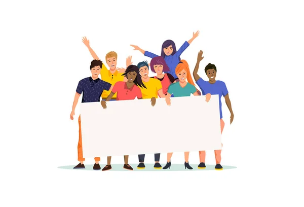 Grupo de personas felices y emocionadas sosteniendo un cartel en blanco — Vector de stock