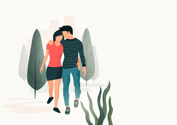 Pareja joven caminando y abrazándose en un parque — Vector de stock