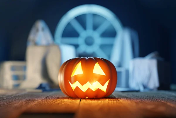 Linterna de calabaza aterradora en un ático — Foto de Stock