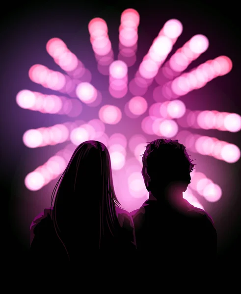 Joven pareja viendo una exhibición de fuegos artificiales — Archivo Imágenes Vectoriales