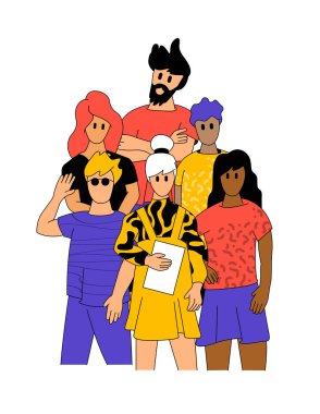 Birlikte çalışmanın gücü. Mutlu genç profesyonellerden oluşan bir takım. Takım oluşturma, People karakterleri vektör çizimi.