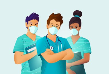 Kilit sağlık görevlileri, hemşireler ve doktor, maske takıyorlar. Vektör insanlar illüstrasyonu.