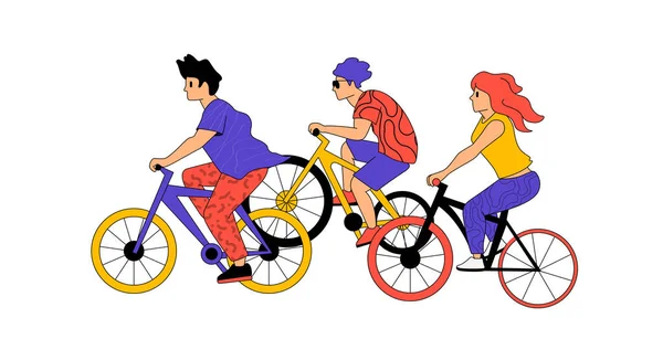 Активные Люди Персонажи Улице Велосипедах Велосипеде Векторная Иллюстрация Здорового Активного — стоковый вектор