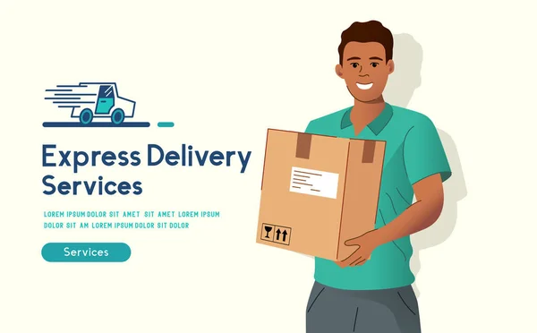 Express Delivery Cheerful Delivery Man Holding Customer Parcel People Vecot Stock Illustration