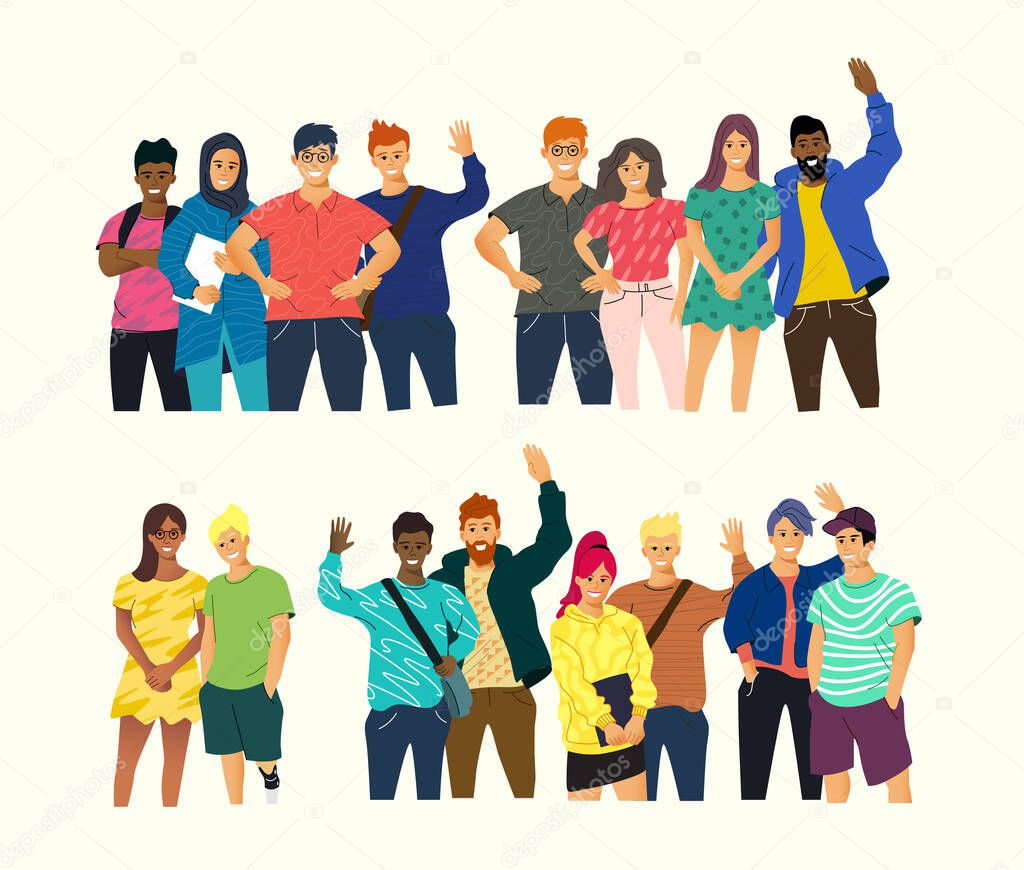 A collection of young happy people standing and smiling. Community and multicultural vector people illustration.