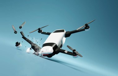 Uçan bir dron yere çarpıyor ve kırılıyor. 3B illüstrasyon