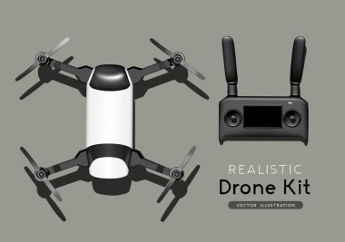 Model uçuş dronu ve kumanda seti. Üst manzara, düz kompozisyon. Gerçekçi vektör illüstrasyonu.