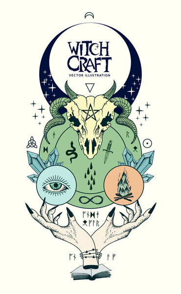 Vector illustration of witchcraft, wicca and pagen signs and symbols banner with witch hands casting a spell, healing crystals, skulls and runes.