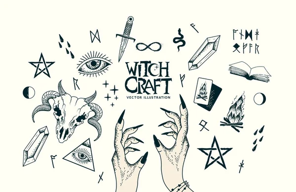 Brujería Wicca Elementos Artesanales Paganos Con Manos Cráneo Carnero Con — Archivo Imágenes Vectoriales