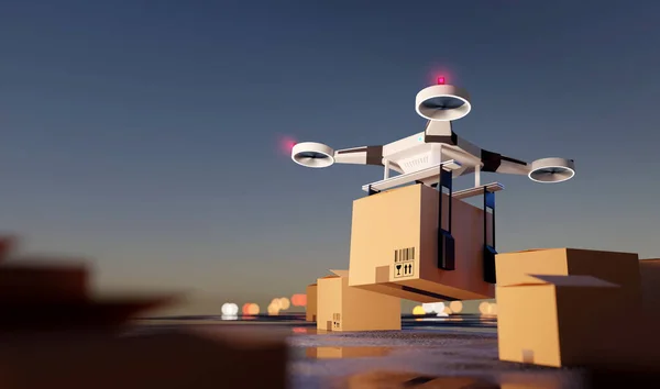 Drone Entrega Con Paquetes Listos Para Despegar Logística Futura Ilustración —  Fotos de Stock