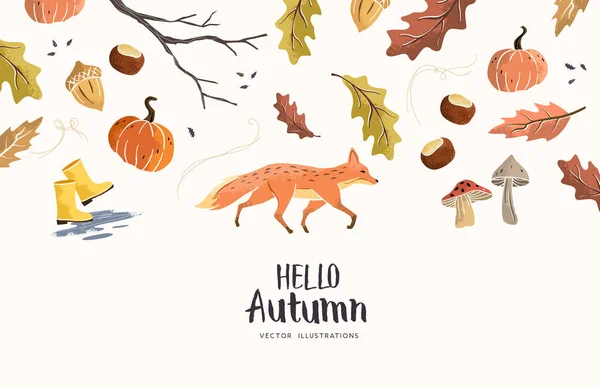 Merhaba Autumn Doğal Yapımı Güz Mevsimsel Elementler Vektör Illüstrasyonu — Stok Vektör