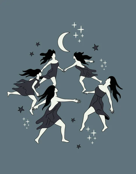 Grupo Jóvenes Brujas Bailando Bajo Luz Luna Ilustración Vectorial Brujería — Archivo Imágenes Vectoriales