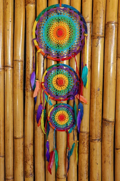 Beautiful Multicolored Handmade Dreamcatcher Natural Bamboo Background — Stock Photo, Image