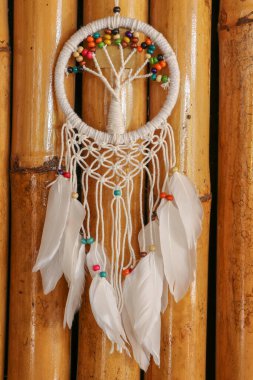 Beyaz düş kapanı. Uyuyan kişiyi kötü ruhlardan ve hastalıklardan koruyan Kızılderili tılsımı. Ağaç, hayatın sembolü. Bambu arka planda rüya yakalayıcı.