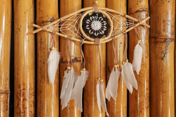 God Eye Providence Dreamcatcher White Feathers Wodden Background — стоковое фото
