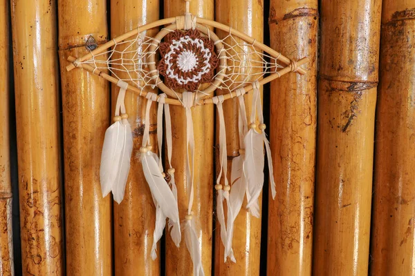 God Eye Providence Dreamcatcher White Feathers Wodden Background — Stock Photo, Image