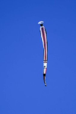 Mavi gökyüzünde uzun bir kuyruk sineği. Mavi gökyüzünde bulutsuz renkli uçurtma.