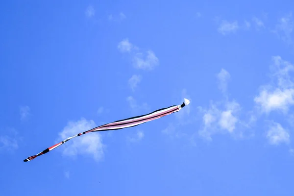 Kite Largo Tailfly Cielo Azul Cometa Colores Cielo Azul Con —  Fotos de Stock