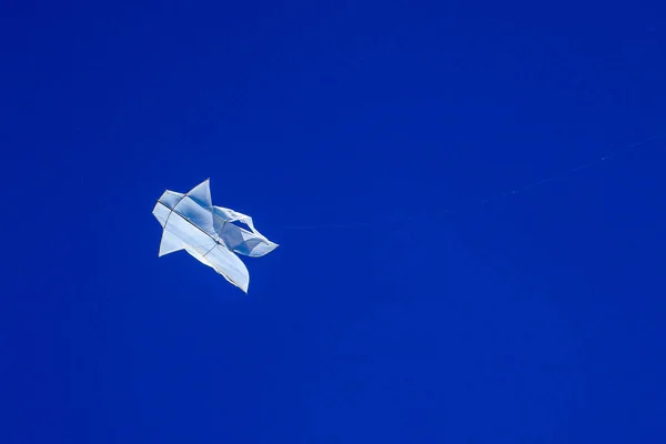 Cometa Blanca Balinesa Vuela Contra Cielo Azul Cielo Azul Fondo —  Fotos de Stock