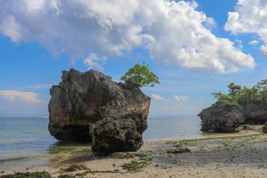 Bali Endonezya 'da imkansız plaj, doğa tatili geçmişi. Dev kayalar ve kaya oluşumları Hint Okyanusu 'nun üzerinde birleşiyor..