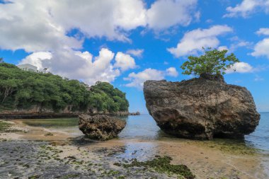 Endonezya, Bali 'deki Padang Padang plajının güzel bir manzarası. Dev kayalar ve kaya oluşumları Hint Okyanusu 'nun üzerinde birleşiyor..