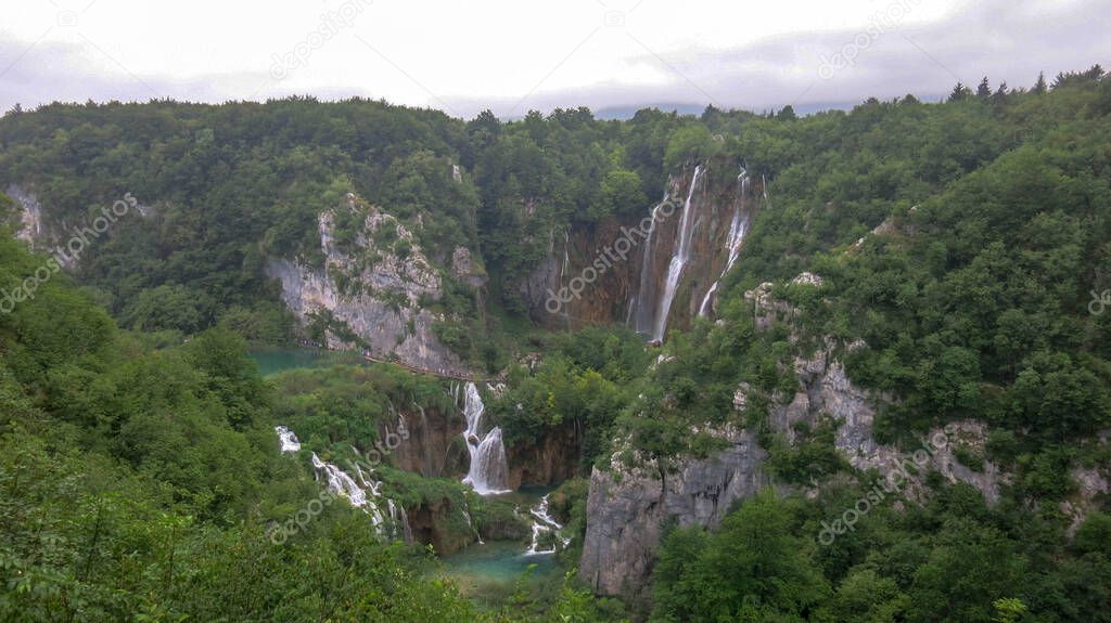 Breathtaking aerial view of waterfalls in the Plitvice Lakes National Park, Croatia.