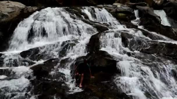 Gros plan vidéo de l'eau cristalline qui coule dans le ruisseau de la forêt de montagne. Petites gouttes d'eau éclaboussures, journée ensoleillée de printemps — Video