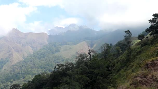 Drone menangkap awan bergulir ke kawah Gunung Rinjani di Lombok, Indonesia. Pemandangan puncak gunung berapi Rinjani dari sudut pandang Taman Wisata Pusuk Sembalun — Stok Video