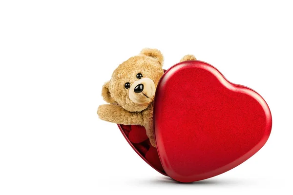 Una Foto Del Oso Peluche Sale Caja Roja Forma Corazón — Foto de Stock