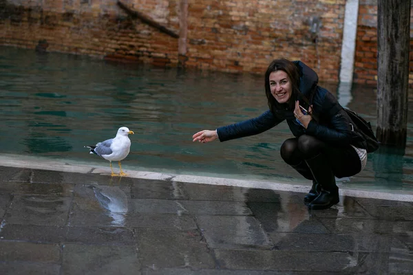 Belle Souriante Européenne Donne Régal Une Mouette Sur Les Rives Image En Vente