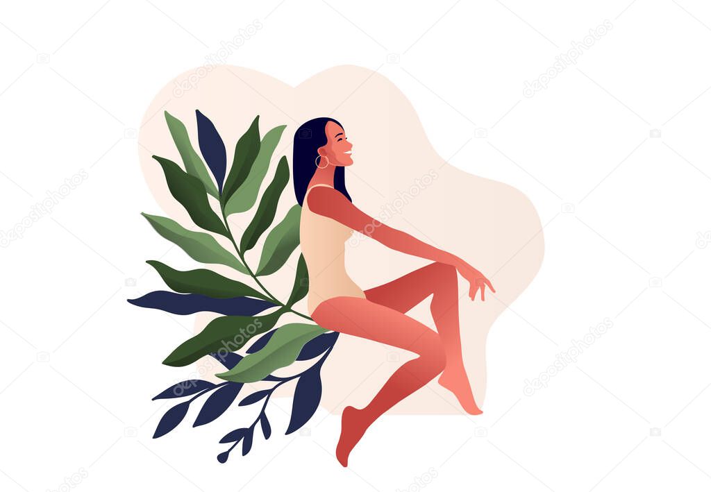Beautiful woman in swimming suit. Body positive, illustration for lingerie design,