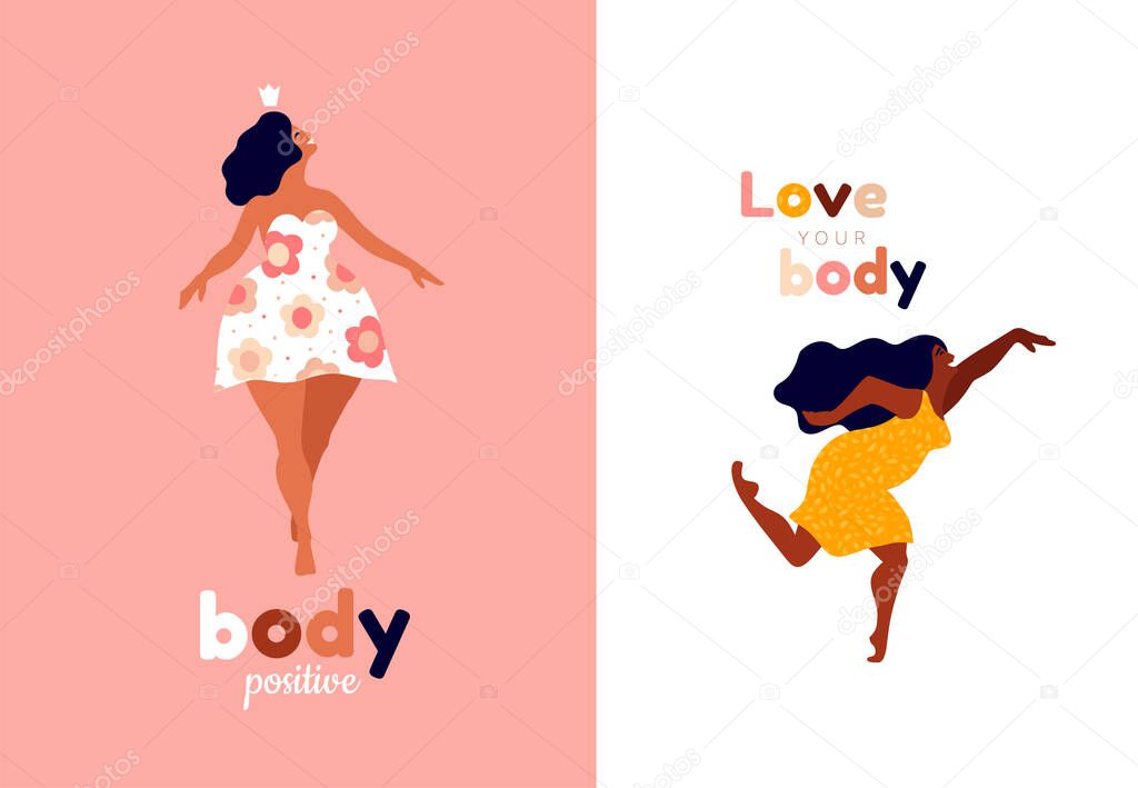 Happy women. Body positive vertical cards. Love yourself, your body lettering type. 