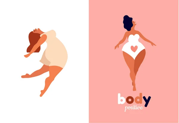 Lyckliga kvinnor. Kroppspositiva vertikala kort. Älska dig själv, din kropp bokstäver typ. — Stock vektor