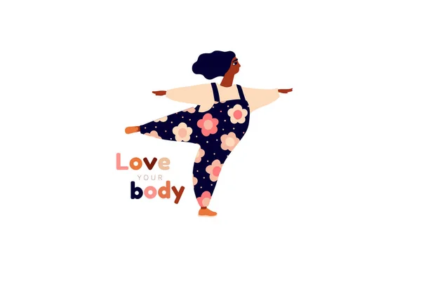 Glückliche Frauen. Körperlich positive vertikale Karten. Lieben Sie sich selbst, Ihren Körper Schriftzug Typ. — Stockvektor