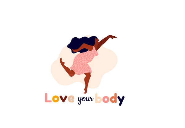 Lycklig kvinna. Kroppspositivt kort. Älska dig själv, din kropp bokstäver typ. — Stock vektor