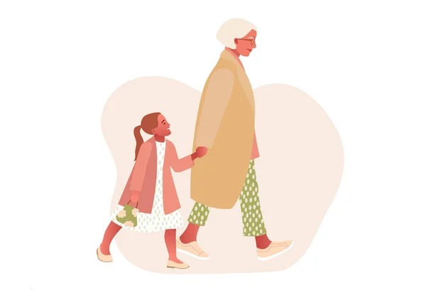 幸せなスタイリッシュなおばあちゃんと女の子。漫画風 — ストックベクタ