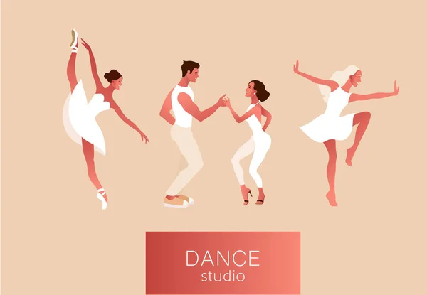 Estudio de danza. Ballet, salsa y danza moderna — Vector de stock