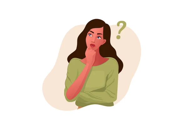 Chica pensante. Hermosa cara, con signo de interrogación — Vector de stock