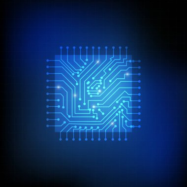 Vektör : Mavi arka plan üzerinde kare talaş ve elektronik devre