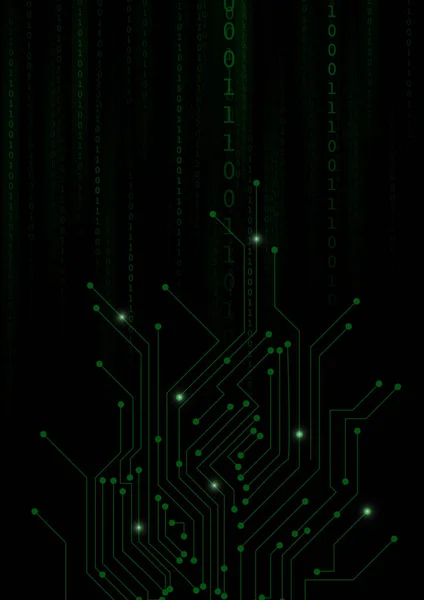 绿色二进制数和黑色背景的电子电路 — 图库矢量图片