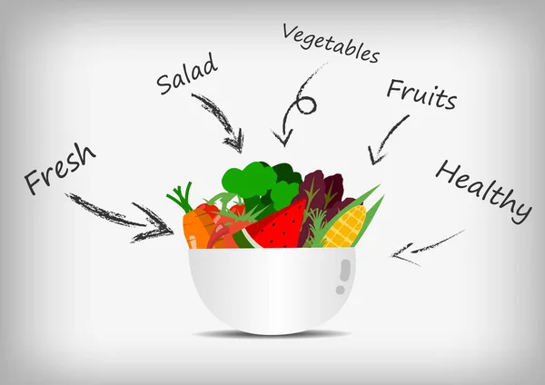 Vektor Gemüse Und Obst Salatschüssel Und Pfeilen — Stockvektor