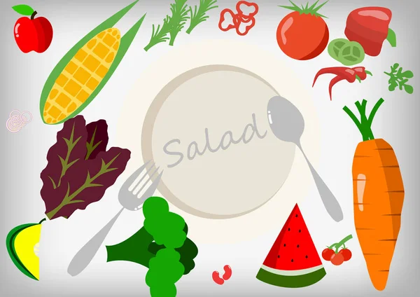 Vector Groenten Fruit Lege Salade Plate — Stockvector