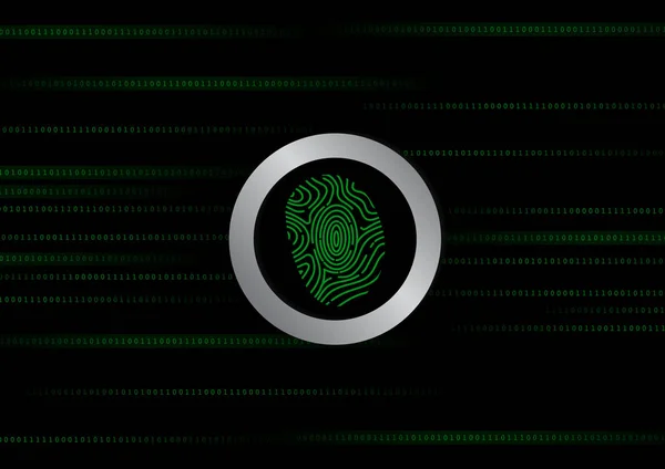 绿色二进制数字和手指打印在黑色背景 — 图库矢量图片